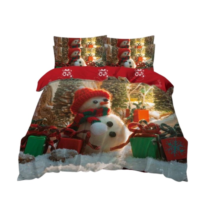 Lenjerie de pat, Finet, Imprimeu Festiv Craciun, Peisaj de Iarna, 6 piese, 2 persoane, 240x250cm, Multicolor