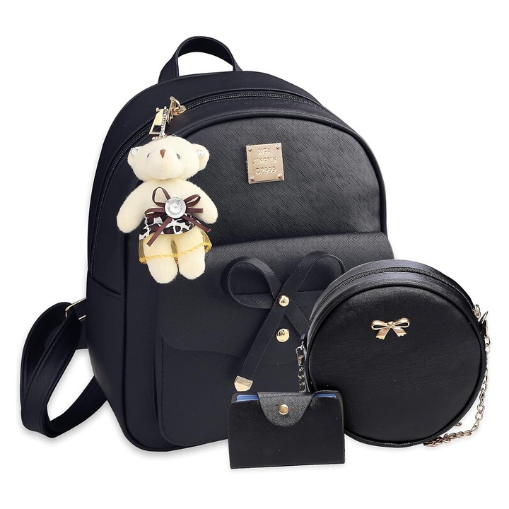 Комплект раница от 3 части, SINBINTA, с регулируеми презрамки и висулка мече, сигурен цип, множество джобове, първокласен материал от еко кожа, Свети Валентин, черен