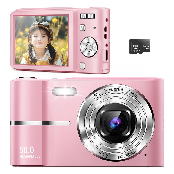 Digitális fényképezőgép készlet, SINBINTA, 64 GB SD kártyával, 4K, 16X digitális zoom, hordozható, rázkódásgátló, 50 millió HD pixel, 2,4 hüvelykes HD képernyő, tartós, hordozható, könnyen használható, 90,3 x 56,3 mm, rózsaszín