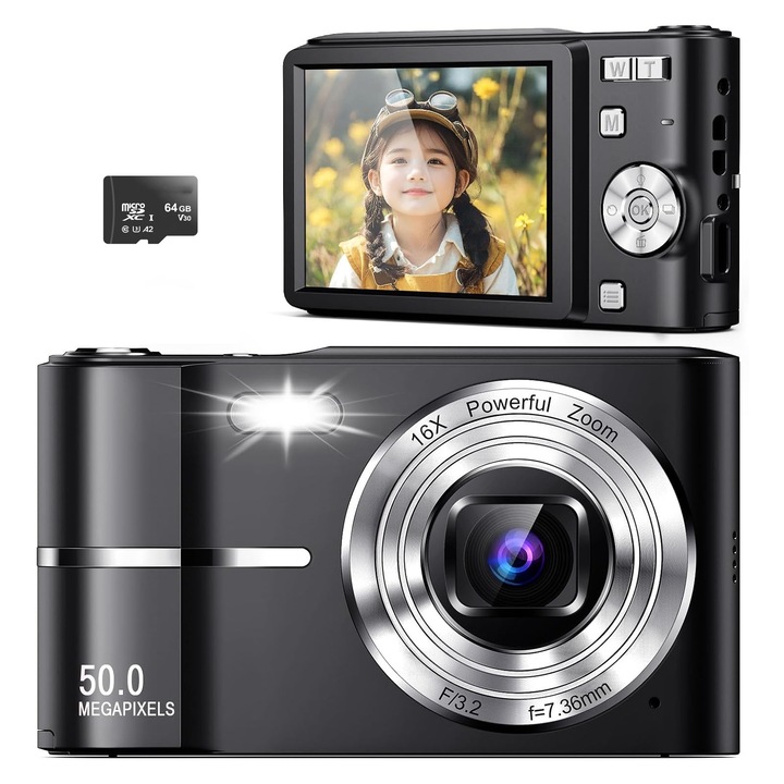 Set aparat foto digital, SINBINTA, Cu 64GB SD card, 4K, 16X Digital Zoom, portabil, Anti-shake, 50 milioane de pixeli HD, ecran HD de 2.4 inchi, Durabile, Portabil, Usor de utilizat, 90.3x56.3 mm, Negru