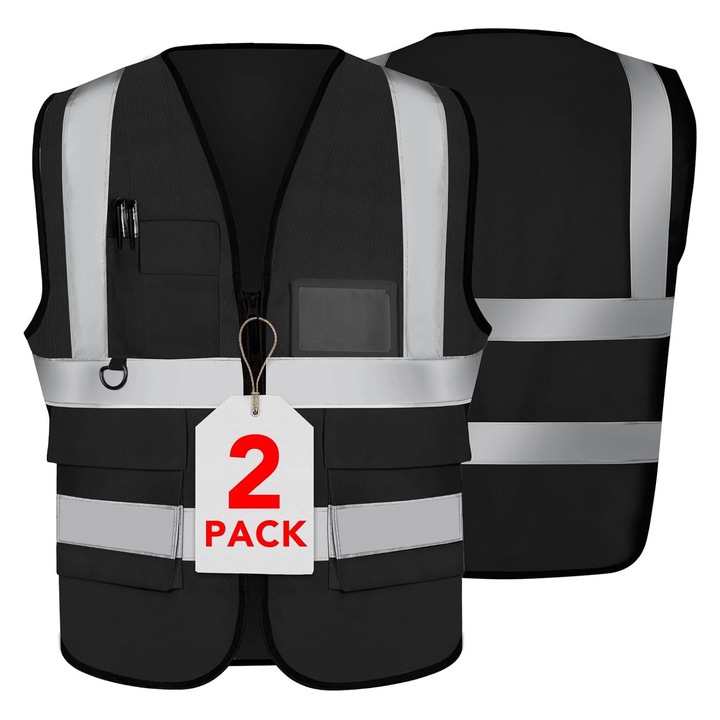 Set 2 vesta reflectorizanta cu buzunare ISA, SINBINTA, Vizibilitate ridicata, Unisex, Cu fermoar, Confortabil si respirabil, Durabile, Protectie la 360°, Usor de curatat, Rezistenta la apa, Poliester, 60x70 CM, Negru