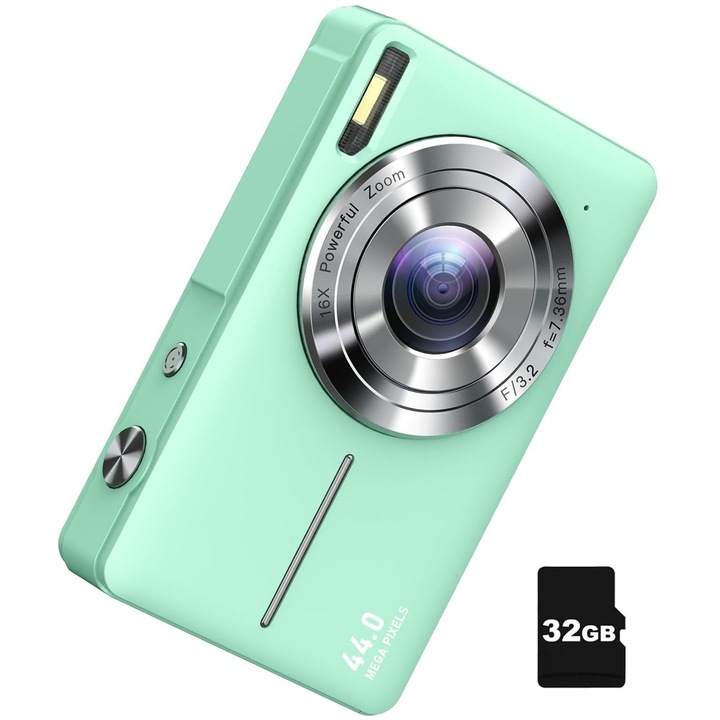 Aparat foto digital, SINBINTA, 44MP, Zoom digital 16X, Cu 32GB SD card, Cablu USB, Video la 1080P, Display de 2.4 inchi, 20 filtre, Portabil, Usor de utilizat, Pentru copii, incepatori, varstnici, 94x23.5mm, Verde