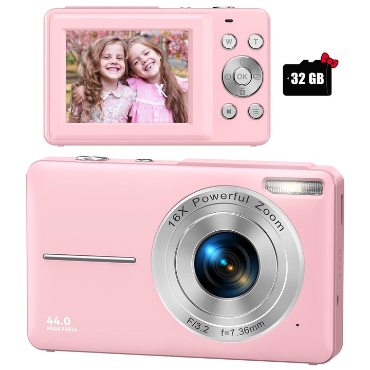 Aparat foto digital, SINBINTA, 44MP, Zoom digital 16X, Cu 32GB SD card, Cablu USB, Video la 1080P, Display de 2.4 inchi, 20 filtre, Portabil, Usor de utilizat, Pentru copii, incepatori, varstnici, 94x23.5mm, Roz