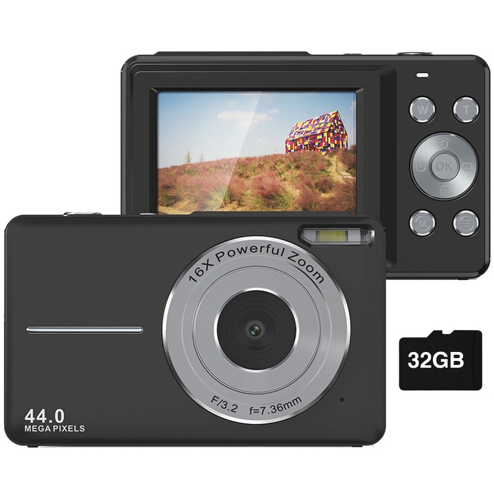 Digitális fényképezőgép, SINBINTA, 44 MP, 16X digitális zoom, 32 GB SD kártyával, USB kábellel, 1080P videóval, 2,4 hüvelykes kijelzővel, 20 szűrővel, Hordozható, Könnyen használható, Gyermekeknek, kezdőknek, időseknek, 94x23,5 mm, Fekete