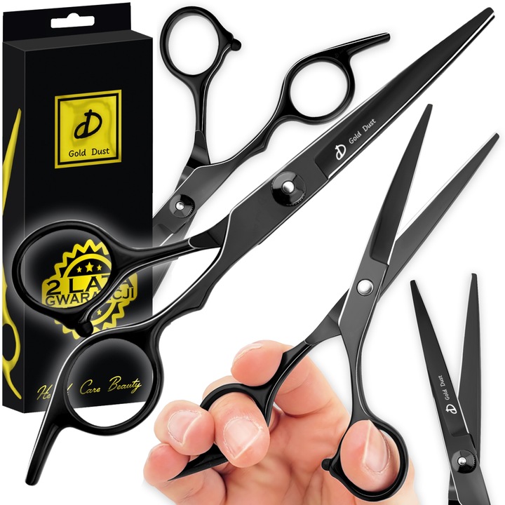 Foarfeca profesionala de tuns, cu lame subtiri si ascutite, din otel inoxidabil cu o rezistenta excelenta, profesionala, ideala in taierea parului, salon sau coafo Foarfece de coafura pentru tuns, negru, Gold Dust