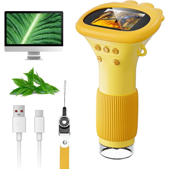 Microscop Digital Portabil pentru Copii, ERALLYN, 1000x, HD 1080p, 8 LED-uri Reglabile, Foto/Video, Conectare PC, USB-C, suporta card de 32GB, galben