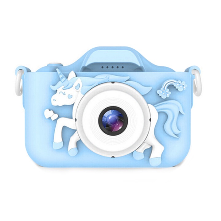 Camera foto digitala pentru copii VarioShop®, Dual camera, Efecte multiple, Jocuri, 12MP, 1920 x 1080 Video ecran 2.0 inch baterie 600 mAh, model Unicorn, Albastru