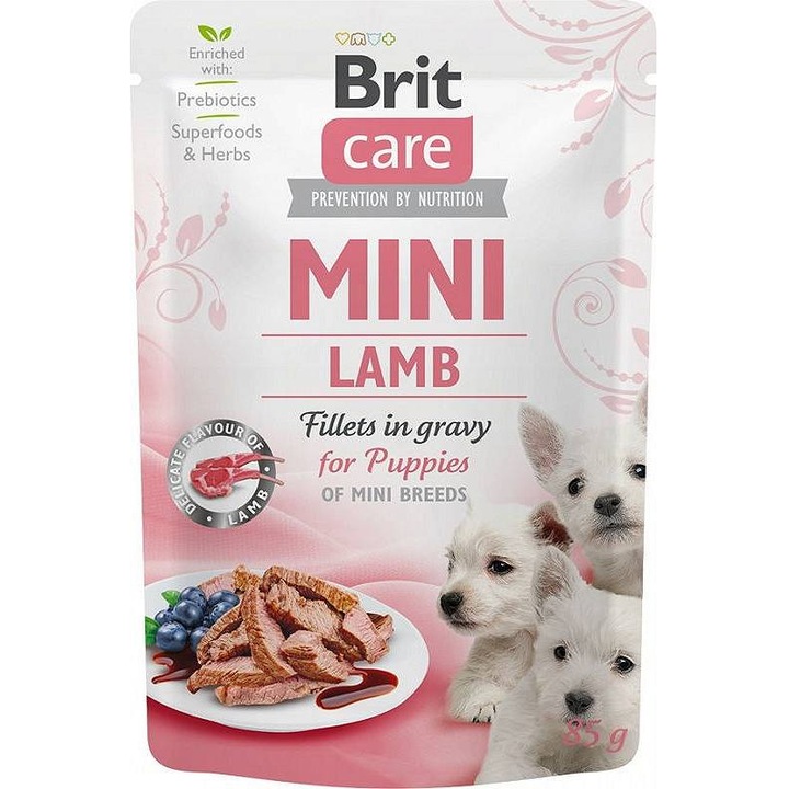 Plicuri hrana catei talie mica BRIT CARE Mini Puppy Pouch Lamb, cu miel 24x85g