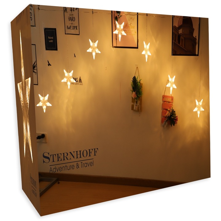 Karácsonyi fényfüggöny, LED hópelyhek, Sternhoff, Hossz 3,8 m, 70 LED, 8 világítási mód, Függöny, flitterek, Bel-/kültéri, IP44, Fehér kábel, Kombinálható, Meleg fehér