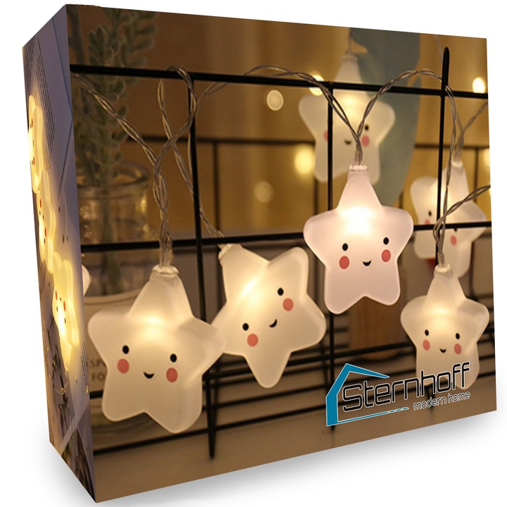 Lumini pentru pomul de Craciun, siruri decorative de stele zambitoare cu 10 lumini LED, Sternhoff, functioneaza cu baterii, lungime 1, 5 m, pentru interior, lumina alba calda