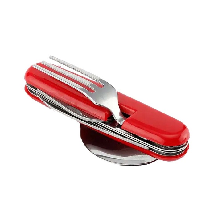 Cutit briceag detasabil, cu 4 functii lingura furculita, pentru camping, rosu, 21cm, dalimag