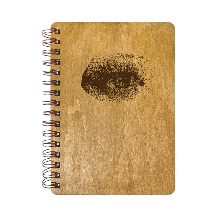 Agenda Nedatata Personalizata, Coperta Lemn Mesteacan cu Gravura, A5, 130 pagini, 70GSM, Calendar 2025, Colectia “Fragmente din Infinit” - Fiorul Privirii