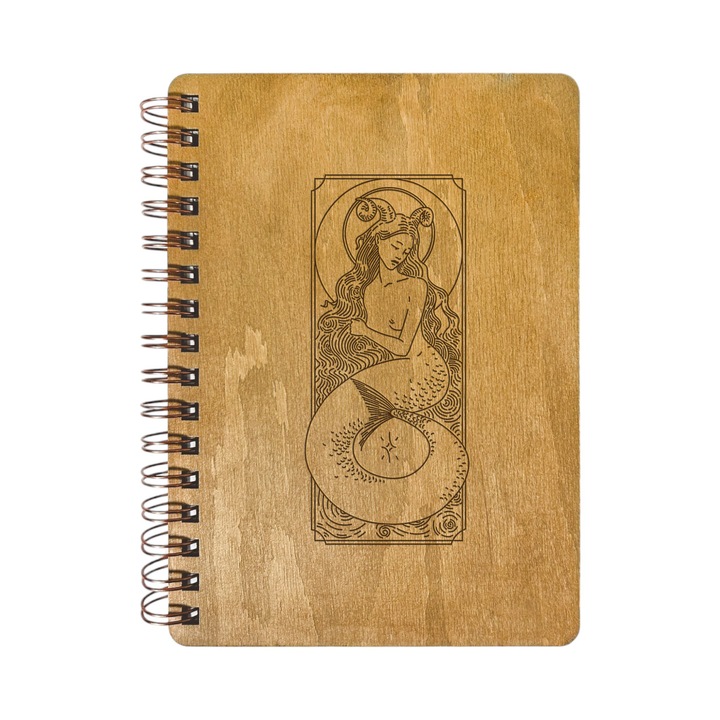 Agenda Nedatata Personalizata, Coperta Lemn Mesteacan cu Gravura, A5, 130 pagini, 70GSM, Calendar 2025, Colectia “Ilustratii Zodiac” - Capricorn