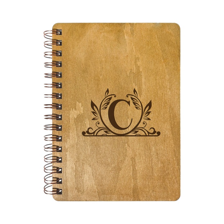 Agenda Nedatata Personalizata, Coperta Lemn Mesteacan cu Gravura, A5, 130 pagini, 70GSM, Calendar 2025, Colectia “Monograma Deco” - Litera “C”