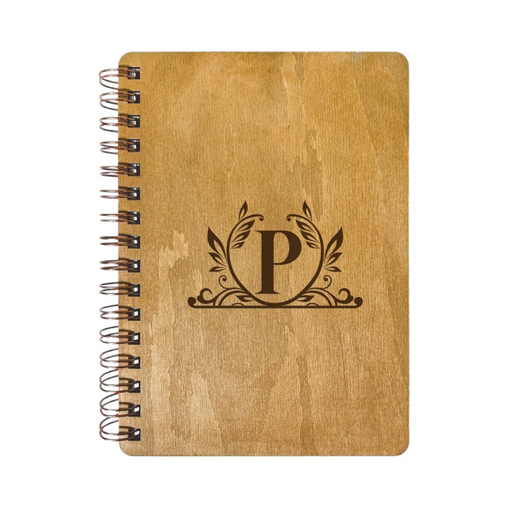 Agenda Nedatata Personalizata, Coperta Lemn Mesteacan cu Gravura, A5, 130 pagini, 70GSM, Calendar 2025, Colectia “Monograma Deco” - Litera “P”