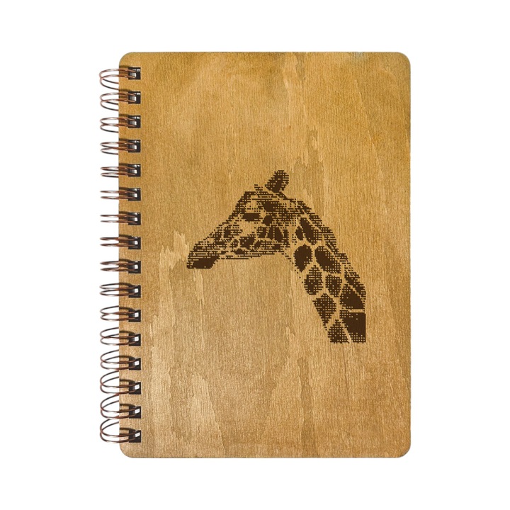 Agenda Nedatata Personalizata, Coperta Lemn Mesteacan cu Gravura, A5, 130 pagini, 70GSM, Calendar 2025, Colectia “Fragmente din Infinit” - Gratia Girafei