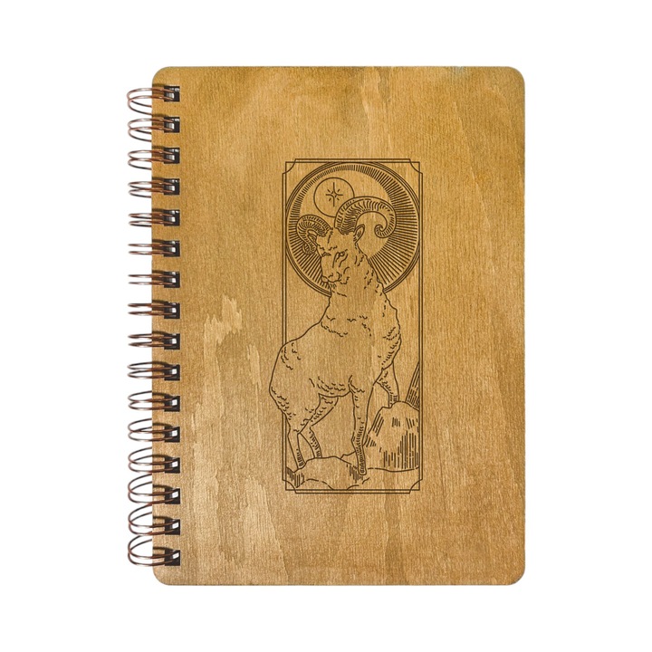 Agenda Nedatata Personalizata, Coperta Lemn Mesteacan cu Gravura, A5, 130 pagini, 70GSM, Calendar 2025, Colectia “Ilustratii Zodiac” - Berbec