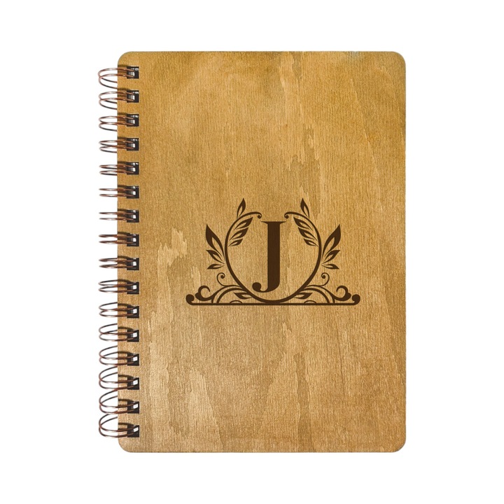 Agenda Nedatata Personalizata, Coperta Lemn Mesteacan cu Gravura, A5, 130 pagini, 70GSM, Calendar 2025, Colectia “Monograma Deco” - Litera “J”