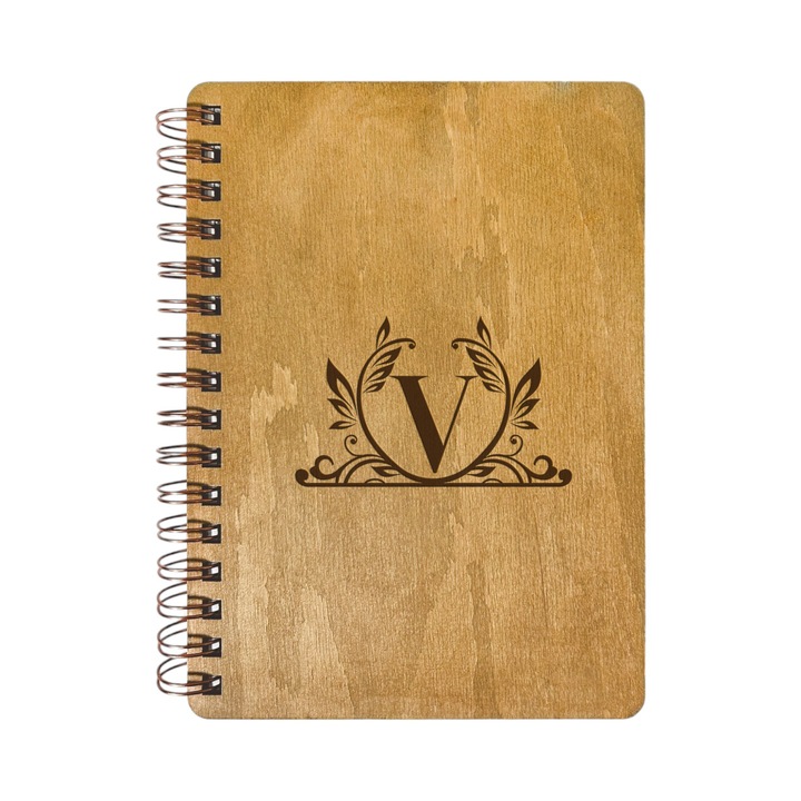Agenda Nedatata Personalizata, Coperta Lemn Mesteacan cu Gravura, A5, 130 pagini, 70GSM, Calendar 2025, Colectia “Monograma Deco” - Litera “V”