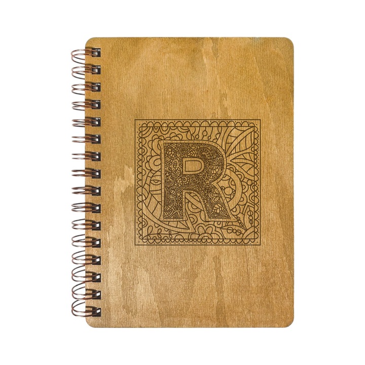 Agenda Nedatata Personalizata, Coperta Lemn Mesteacan cu Gravura, A5, 130 pagini, 70GSM, Calendar 2025, Colectia “Monograma Patrata” - Litera “R”