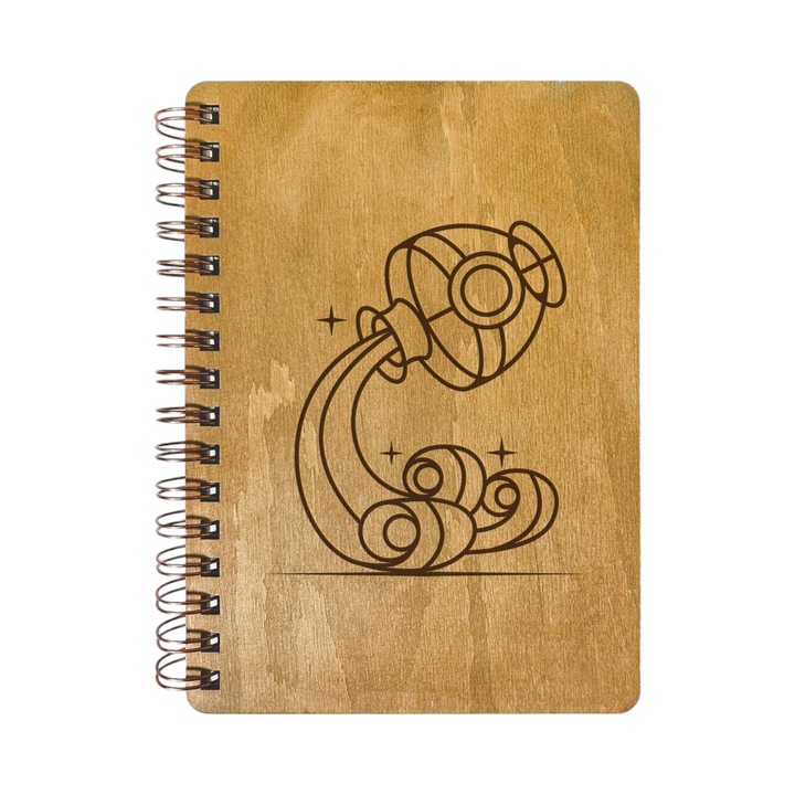 Agenda Nedatata Personalizata, Coperta Lemn Mesteacan cu Gravura, A5, 130 pagini, 70GSM, Calendar 2025, Colectia “Zodiac Robotic” - Varsator