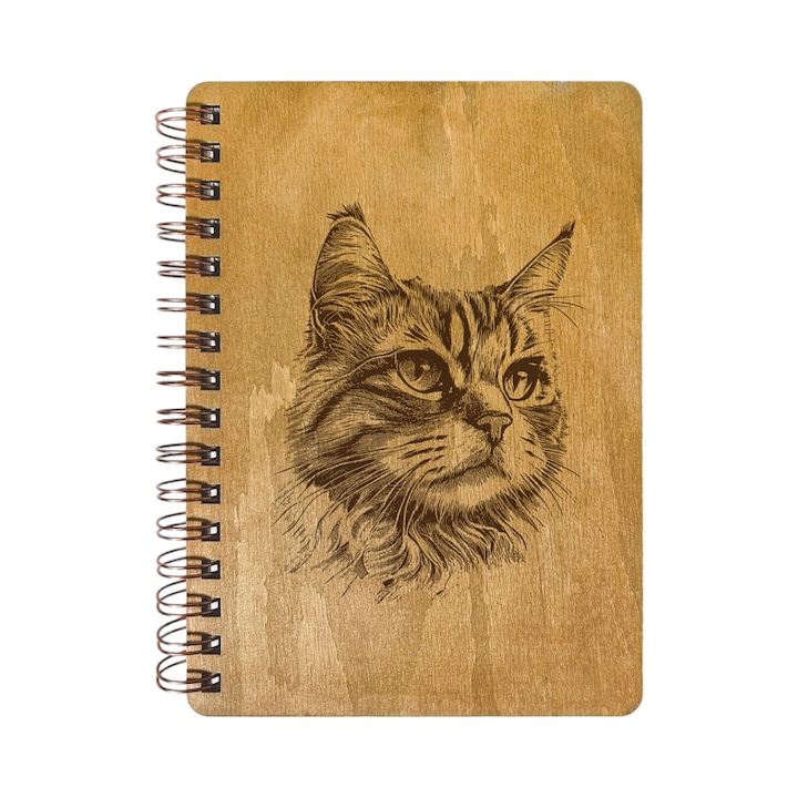 Agenda Nedatata Personalizata, Coperta Lemn Mesteacan cu Gravura, A5, 130 pagini, 70GSM, Calendar 2025, Colectia “Pisica Selenara” - Nala