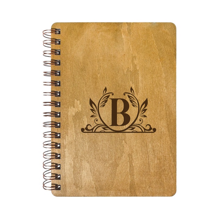 Agenda Nedatata Personalizata, Coperta Lemn Mesteacan cu Gravura, A5, 130 pagini, 70GSM, Calendar 2025, Colectia “Monograma Deco” - Litera “B”