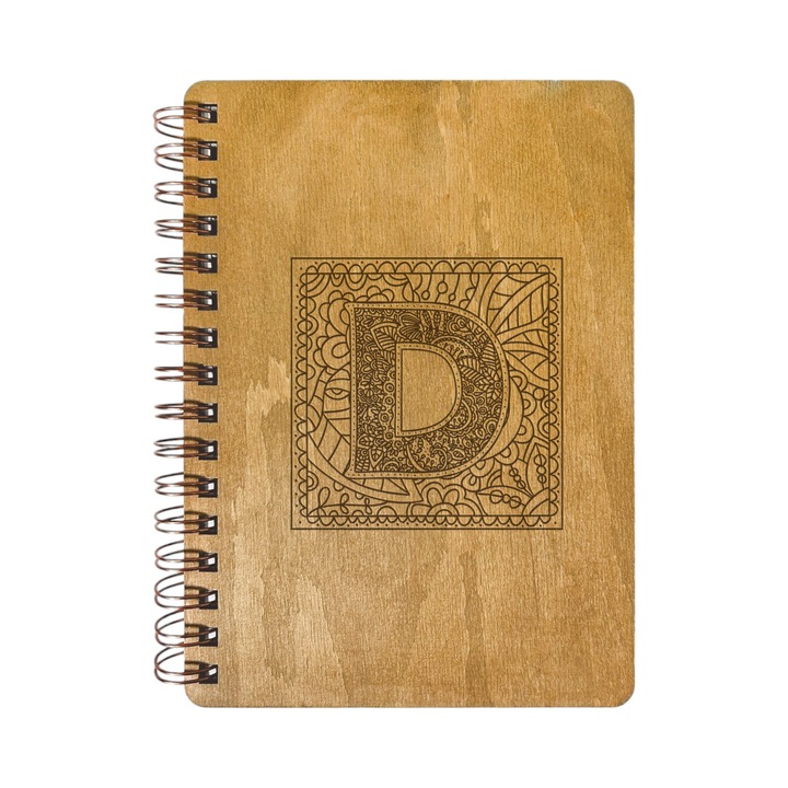 Agenda Nedatata Personalizata, Coperta Lemn Mesteacan cu Gravura, A5, 130 pagini, 70GSM, Calendar 2025, Colectia “Monograma Patrata” - Litera “D”