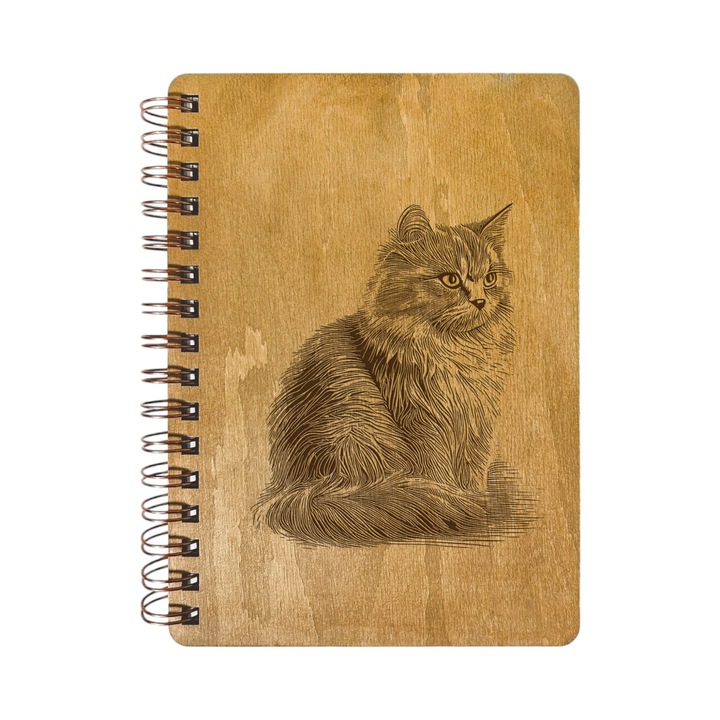 Agenda Nedatata Personalizata, Coperta Lemn Mesteacan cu Gravura, A5, 130 pagini, 70GSM, Calendar 2025, Colectia “Pisica Selenara” - Ziggy