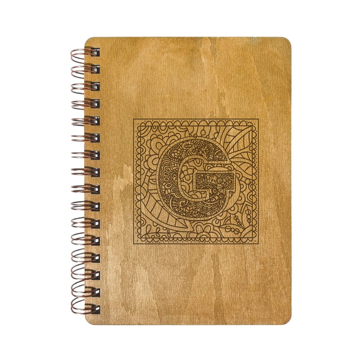 Agenda Nedatata Personalizata, Coperta Lemn Mesteacan cu Gravura, A5, 130 pagini, 70GSM, Calendar 2025, Colectia “Monograma Patrata” - Litera “G”