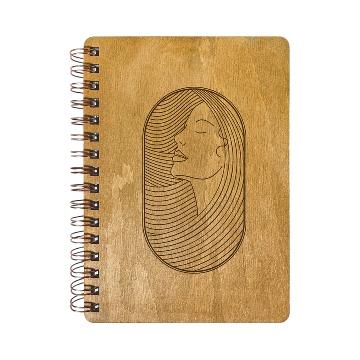 Agenda Nedatata Personalizata, Coperta Lemn Mesteacan cu Gravura, A5, 130 pagini, 70GSM, Calendar 2025, Colectia “Beauty Art Deco” - Giselle