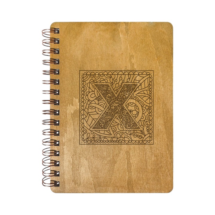 Agenda Nedatata Personalizata, Coperta Lemn Mesteacan cu Gravura, A5, 130 pagini, 70GSM, Calendar 2025, Colectia “Monograma Patrata” - Litera “X”