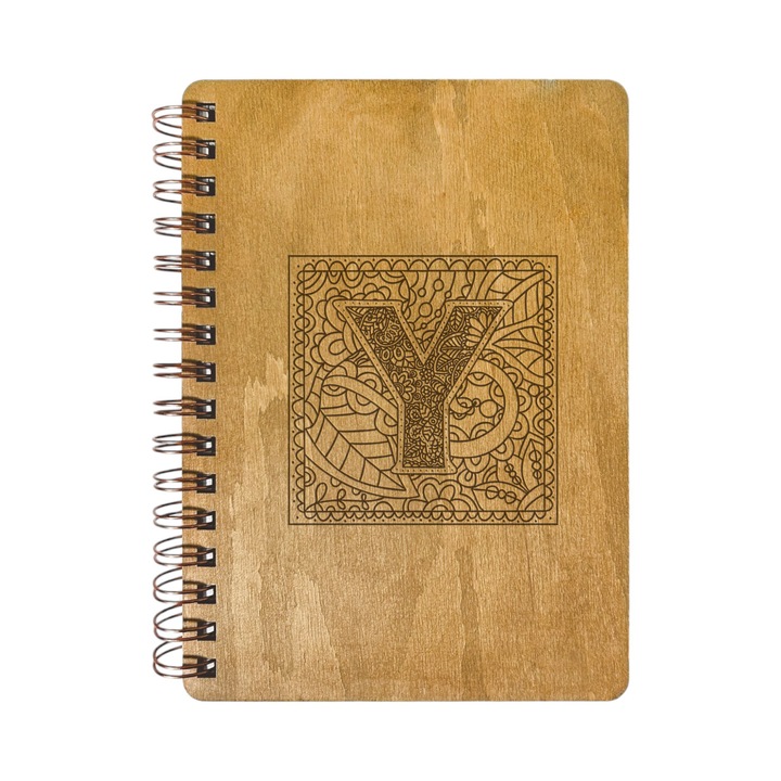 Agenda Nedatata Personalizata, Coperta Lemn Mesteacan cu Gravura, A5, 130 pagini, 70GSM, Calendar 2025, Colectia “Monograma Patrata” - Litera “Y”