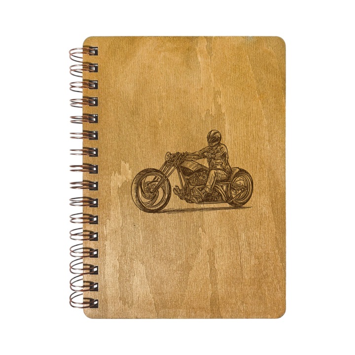 Agenda Nedatata Personalizata, Coperta Lemn Mesteacan cu Gravura, A5, 130 pagini, 70GSM, Calendar 2025, Colectia “Pasiune Moto” - Custom