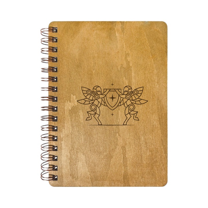 Agenda Nedatata Personalizata, Coperta Lemn Mesteacan cu Gravura, A5, 130 pagini, 70GSM, Calendar 2025, Colectia “Zodiac Robotic” - Gemeni