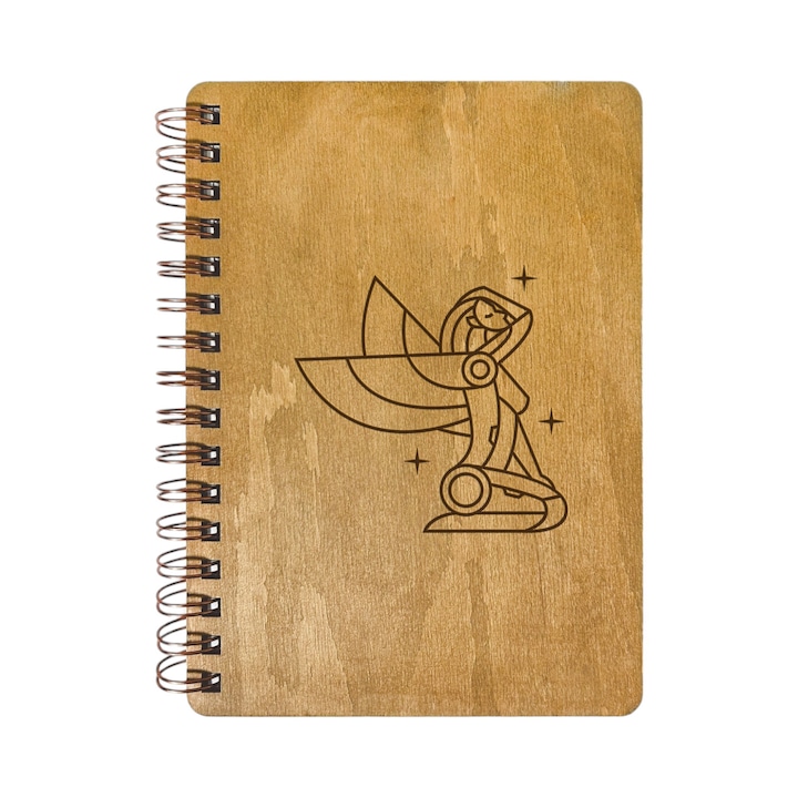 Agenda Nedatata Personalizata, Coperta Lemn Mesteacan cu Gravura, A5, 130 pagini, 70GSM, Calendar 2025, Colectia “Zodiac Robotic” - Fecioara