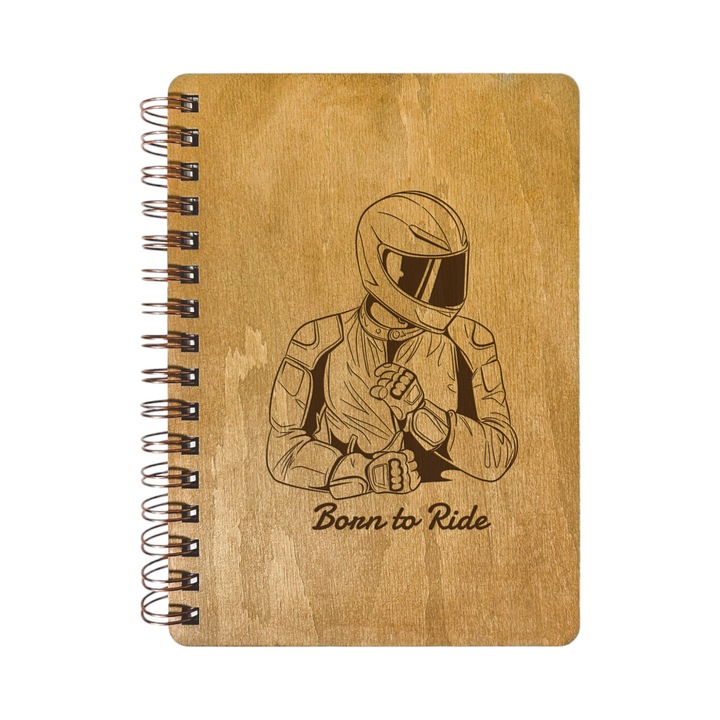 Agenda Nedatata Personalizata, Coperta Lemn Mesteacan cu Gravura, A5, 130 pagini, 70GSM, Calendar 2025, Colectia “Pasiune Moto” - Born to Ride