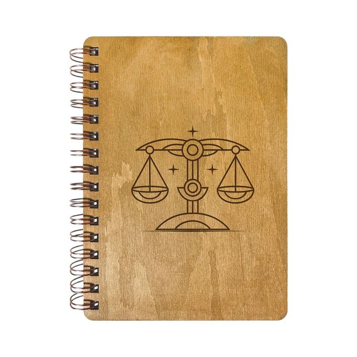 Agenda Nedatata Personalizata, Coperta Lemn Mesteacan cu Gravura, A5, 130 pagini, 70GSM, Calendar 2025, Colectia “Zodiac Robotic” - Balanta