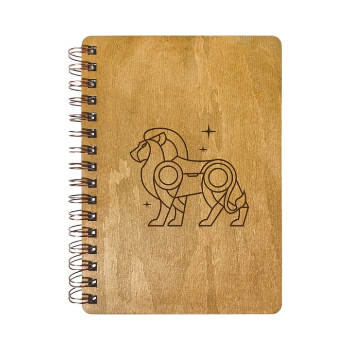 Agenda Nedatata Personalizata, Coperta Lemn Mesteacan cu Gravura, A5, 130 pagini, 70GSM, Calendar 2025, Colectia “Zodiac Robotic” - Leu