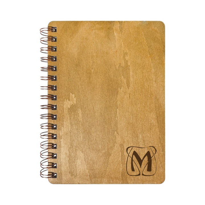 Agenda Nedatata Personalizata, Coperta Lemn Mesteacan cu Gravura, A5, 130 pagini, 70GSM, Calendar 2025, Colectia “Monograma Exclusiva” - Litera “M”