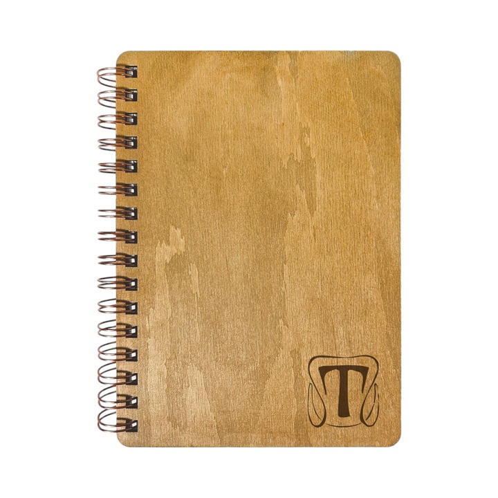 Agenda Nedatata Personalizata, Coperta Lemn Mesteacan cu Gravura, A5, 130 pagini, 70GSM, Calendar 2025, Colectia “Monograma Exclusiva” - Litera “T”