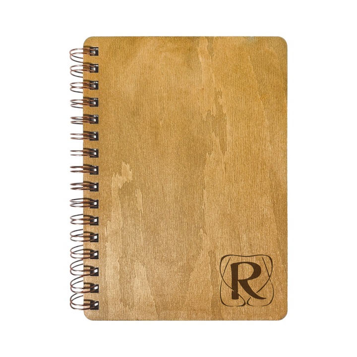 Agenda Nedatata Personalizata, Coperta Lemn Mesteacan cu Gravura, A5, 130 pagini, 70GSM, Calendar 2025, Colectia “Monograma Exclusiva” - Litera “R”