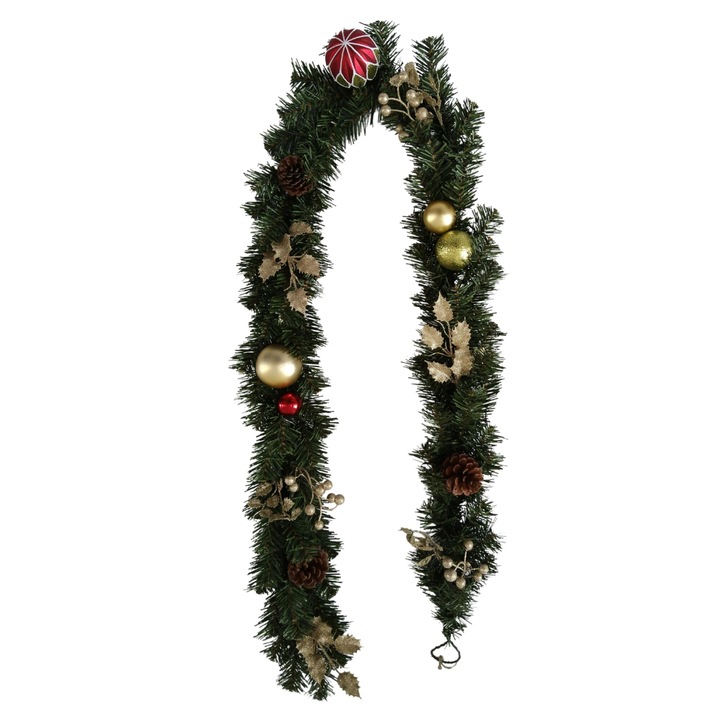 Ghirlanda de Craciun idealStore din Brad Artificial, Lungime 1.8 M, Decorata cu Globulete Aurii, Frunze si Conuri de Brad, Eleganta, Aspect Natural, Culoare Verde