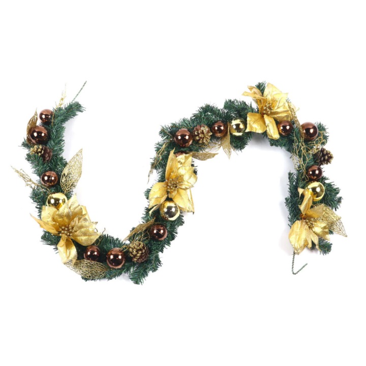 Ghirlanda de Craciun idealStore din Brad Artificial, Lungime 1.8 M, Decorata cu Globulete Aurii, Flori si Conuri de Brad, Eleganta si Stralucitoare, Aspect Natural, Culoare Verde