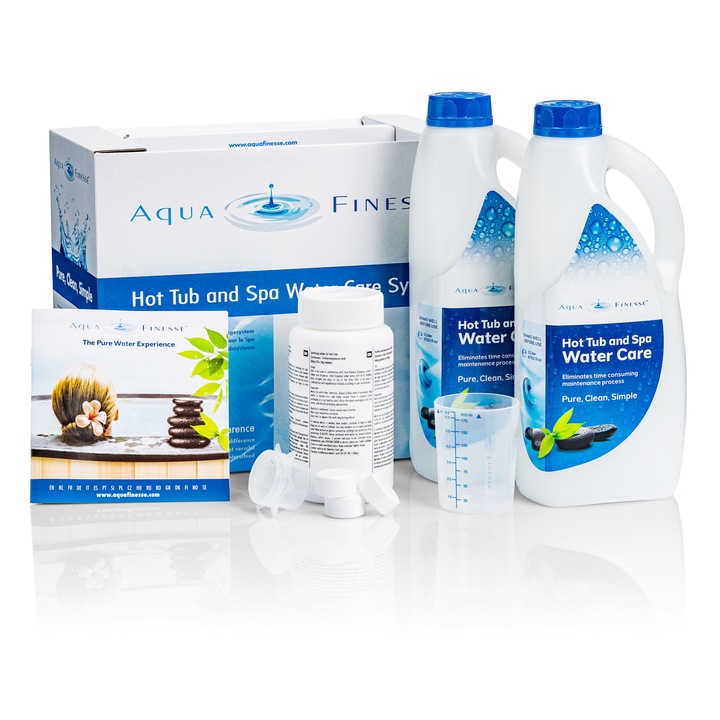 Tratament intretinere apa jacuzzi / cada cu hidromasaj – AquaFinesse (tablete) 2 sticle de 2 litri de solutie, 1 recipient cu tablete dezinfectante (triclor), 1 dozator, 1 cana de masurare flexibila, 1 manual de utilizare