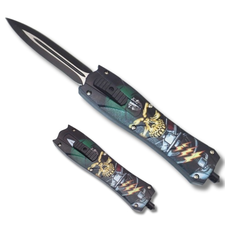 Cutit briceag deschidere a lamei automata pe buton, lama din otel, dispozitiv spart geam, cap de mort, pentru camping, 23 cm, dalimag