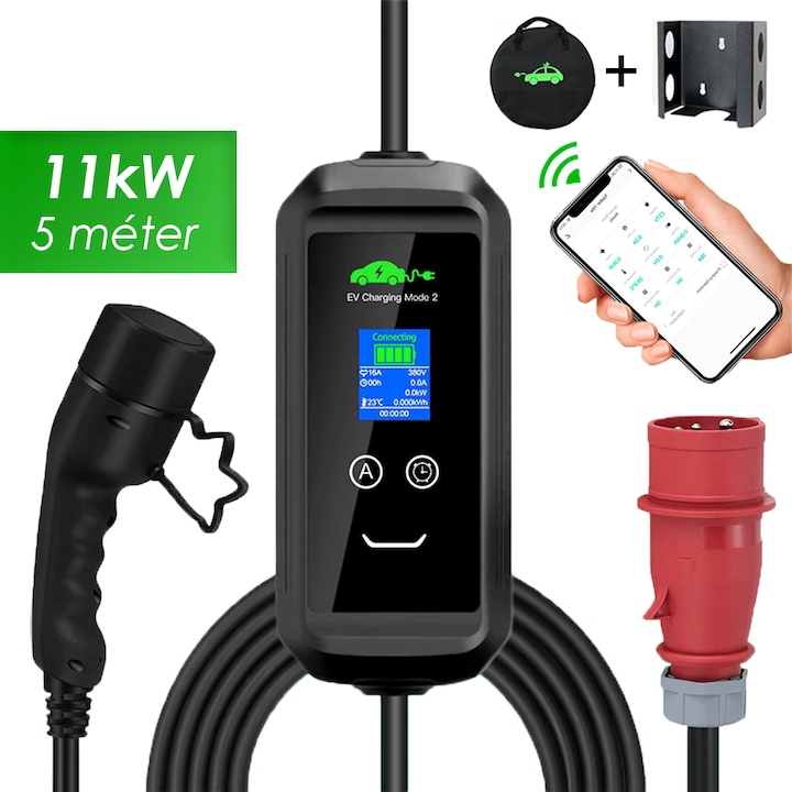 WIFI Преносимо зарядно за електрическа кола, 5 метра, 11kW, TYPE 2, 16A, NEVBY Smiling WI-Fi + App, (3X16A) 3 фази, зарядно за стена, мобилна станция за зареждане, 3 бр. аксесоари