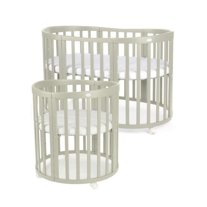 Легло за деца Waldin, еволюционно, овално, мултифункционално, 7 в 1, матраци в комплекта, трансформируемо, маса за повиване, съвместно спане, детска кошара, бюро, столове, маслина