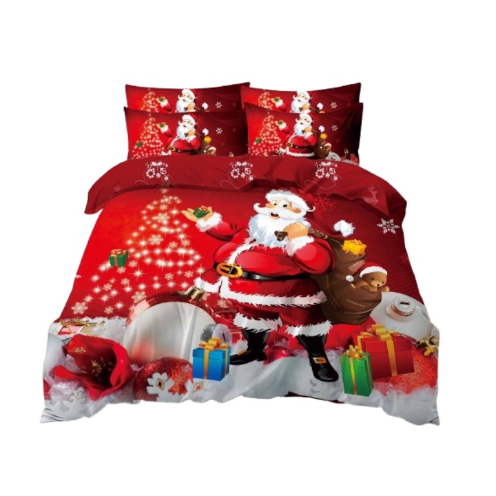 Lenjerie de pat, Finet, Imprimeu Festiv Craciun, Mos Craciun Darnic, 6 piese, 2 persoane, 240x250cm, Multicolor