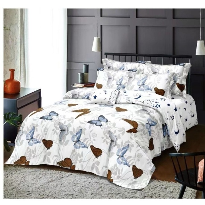 Lenjerie de pat dublu, 6 piese, 2 persoane, 180x200 cm, imprimeu fluturi si inimi, multicolor